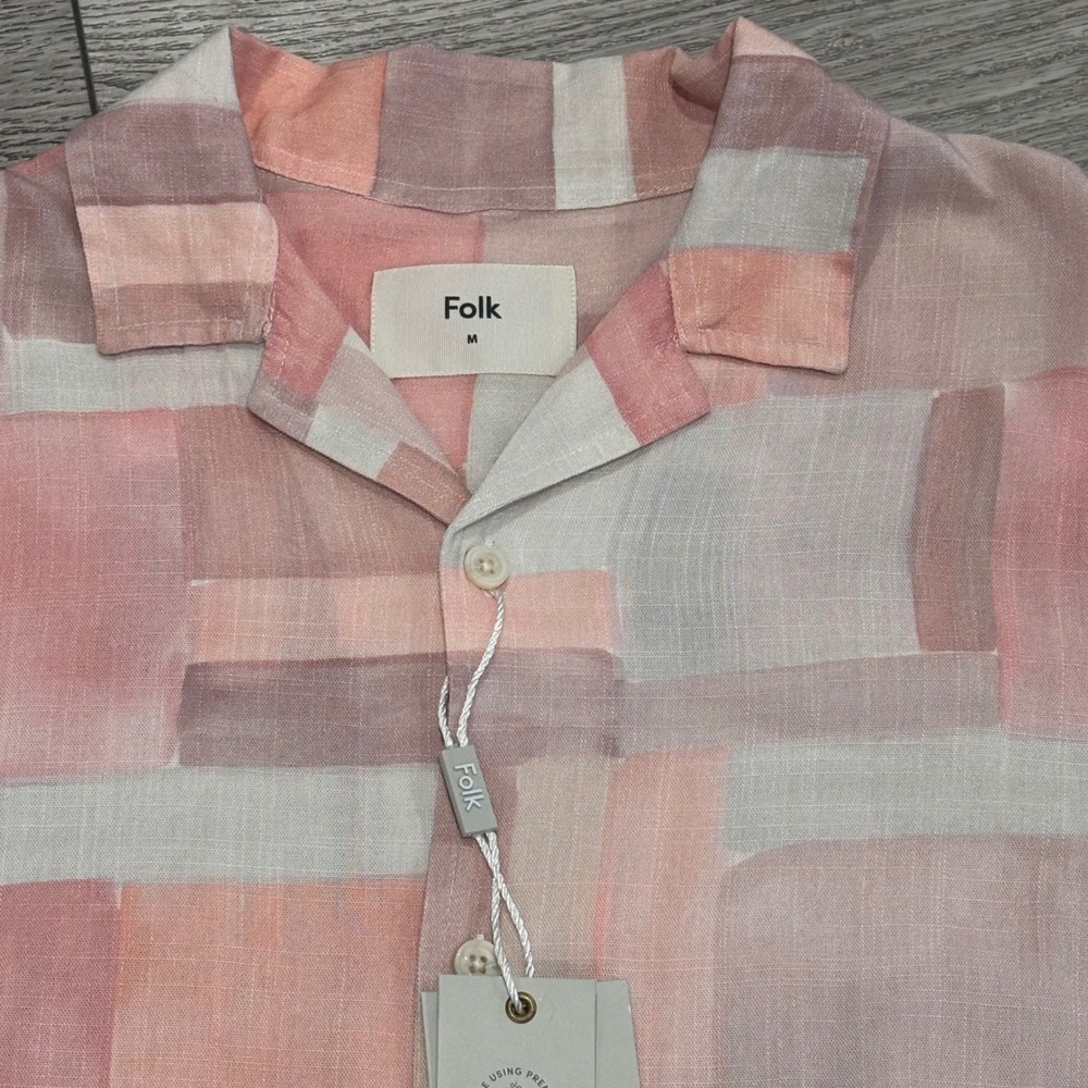 Folk Block Button‎ Shirt Mens Medium Pink Geometric Pattern Casual Preppy New
